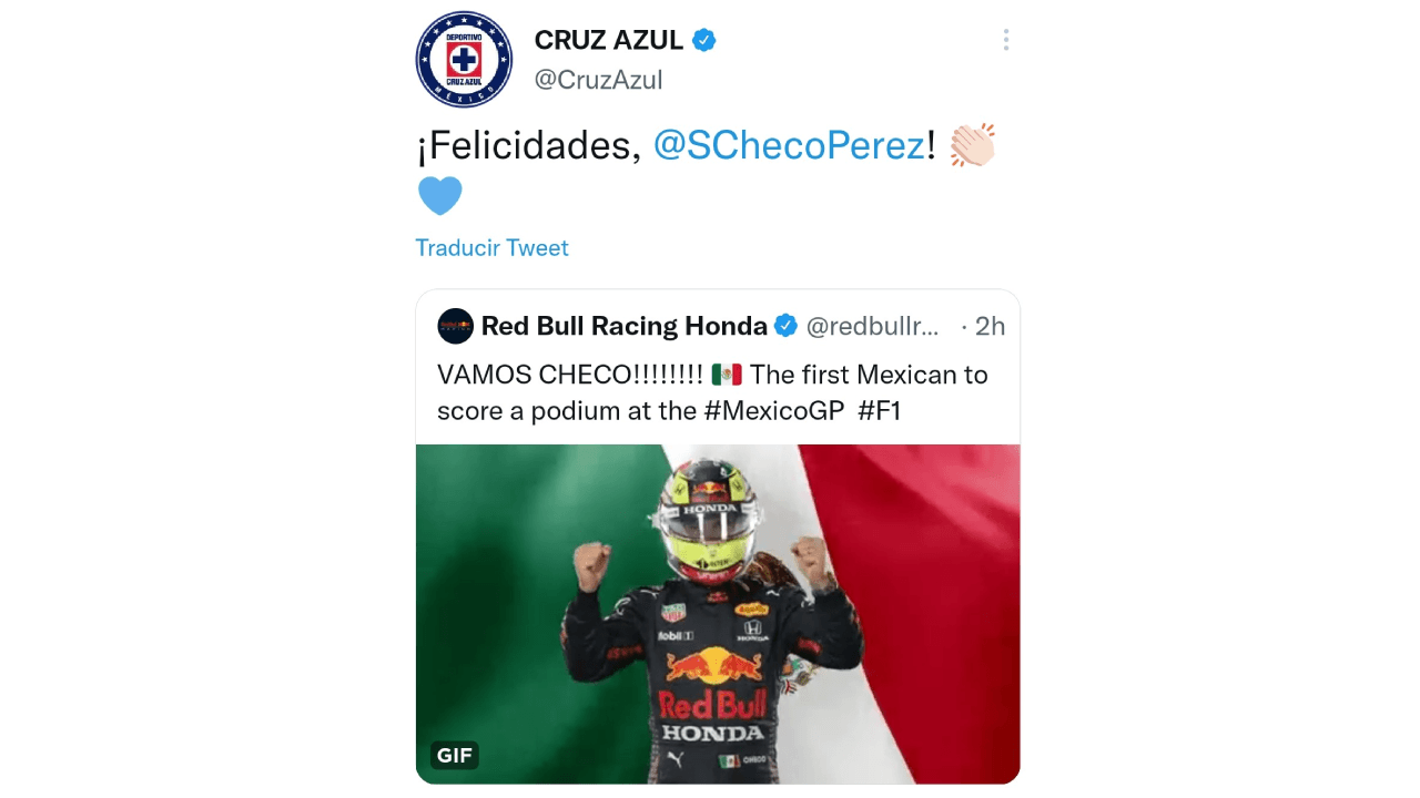 Las redes sociales se inundan de felicitaciones por el tercer lugar obtenido por el piloto mexicano Sergio Pérez, durante el Gran Premio de México de la Formula 1.