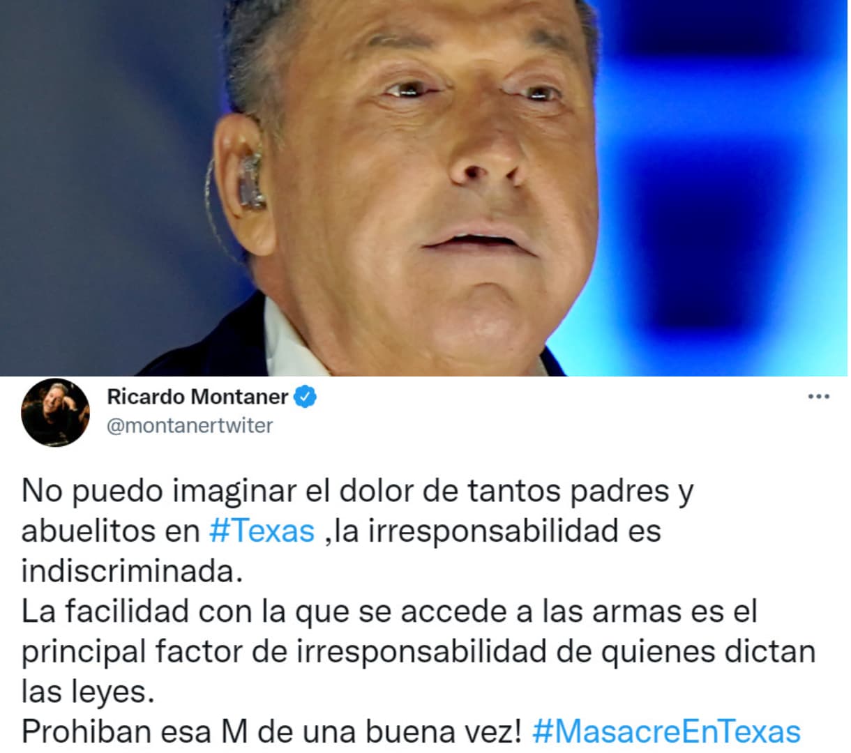 Ricardo Montaner, abuelo de 5 nietos (y uno más por venir), dejó saber que "
<b>no podía imaginar el dolor </b>de tantos padres y abuelitos en Texas": "La facilidad con la que se accede a las armas es el principal factor de irresponsabilidad de quienes dictan las leyes".