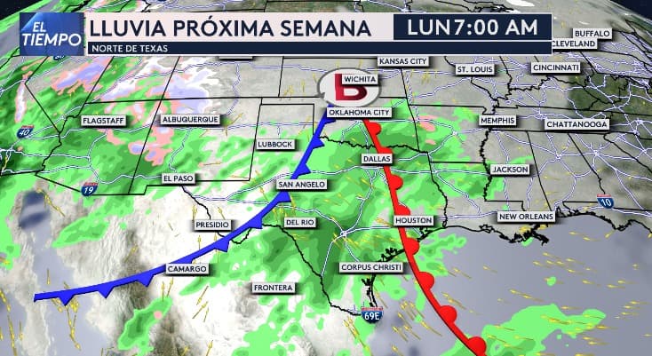 El pronóstico indica que las lluvias afectarán ampliamente al Metroplex el lunes, desde las primeras horas de la mañana, lo que
<b> podría influir en el tráfico matutino</b>.