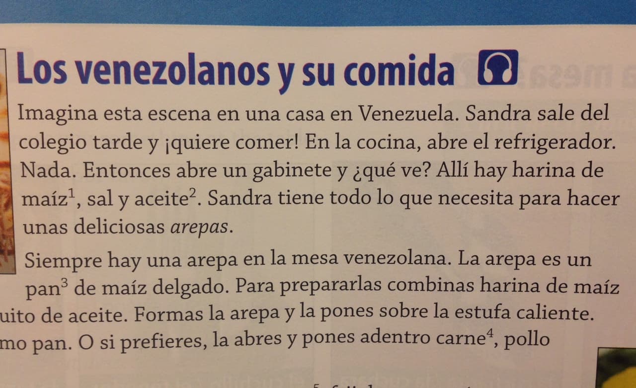 La carestía de productos que se vive en Venezuela también forma parte de este curso de enseñanza de español, que explica que una niña de ese país no tiene nada de comida en casa, salvo harina, sal y aceite.
