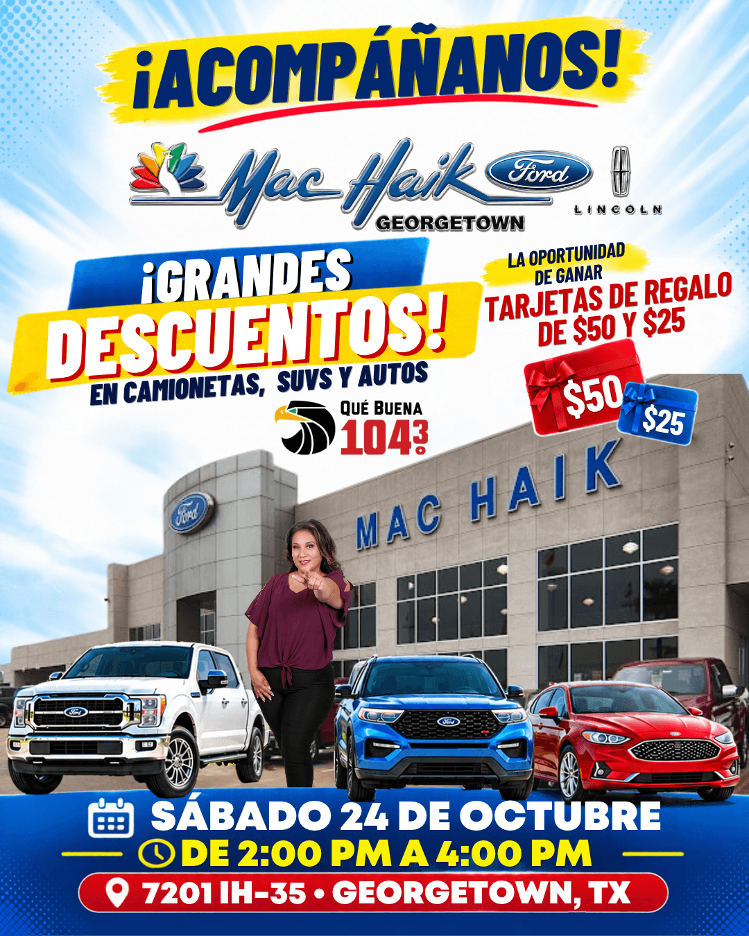 🚘🎉 ¡Este sábado 24 de octubre, acompáñanos en Mac Haik Ford Lincoln en Georgetown! 🎉🚘