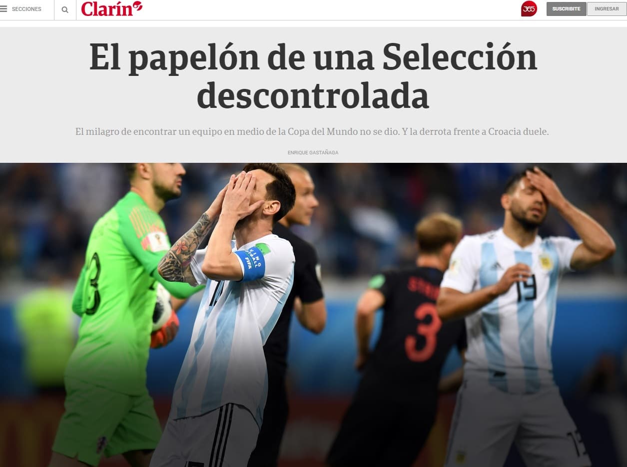 Cerramos este recuento de reacciones mundiales con el Clarín de Argentina que dijo todo en seis palabras y una imagen evidenciando los lamentos de la Albiceleste.