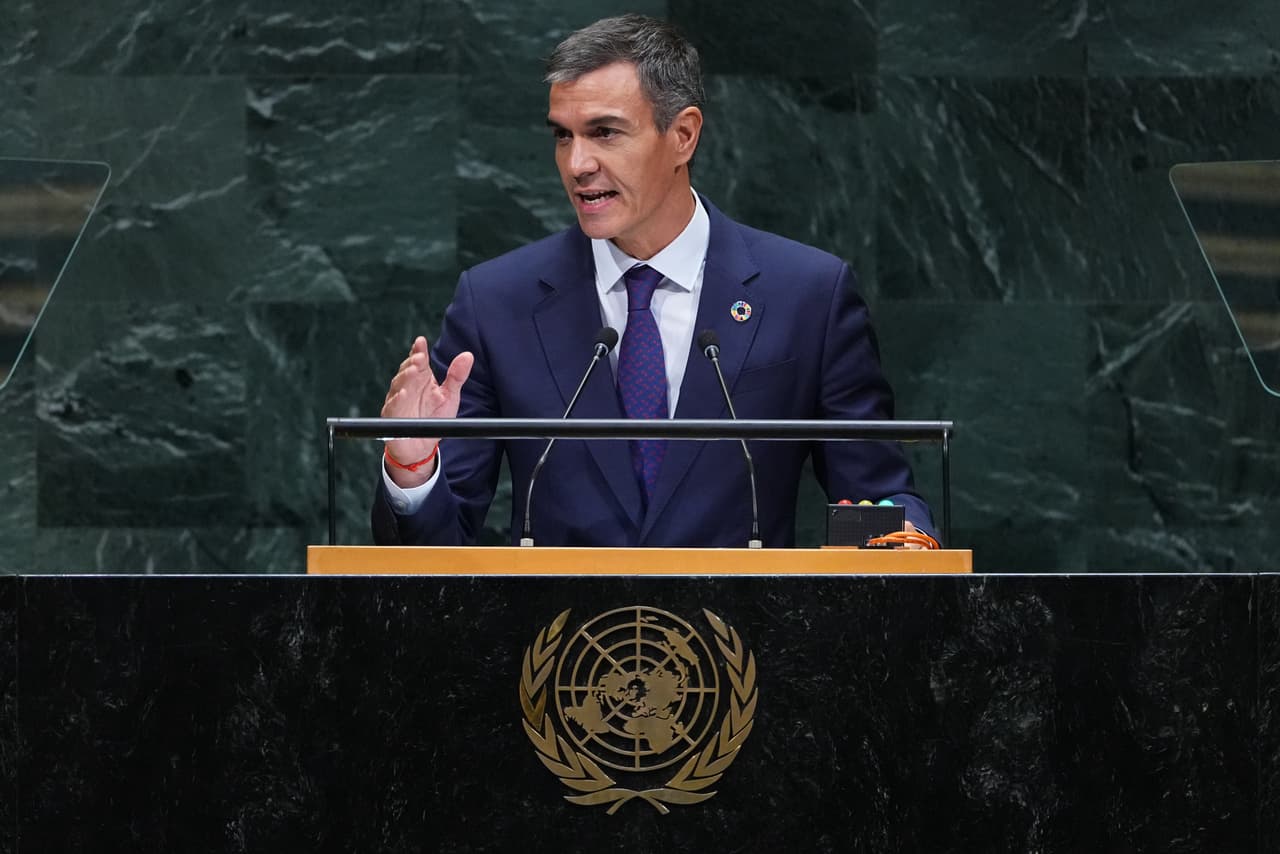 El presidente de España, Pedro Sánchez Pérez-Castejón, interviene en el 81.º periodo de sesiones de la Asamblea General de las Naciones Unidas en la sede de la ONU, el miércoles 23 de septiembre de 2026.