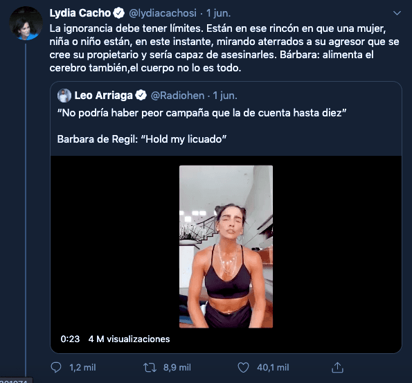 El video de la actriz llegó a la periodista Lydia Cacho, quien le pidió:
<a href="https://www.univision.com/shows/despierta-america/a-barbara-de-regil-le-costo-criticas-opinar-de-la-violencia-a-la-mujer-periodista-le-pide-alimenta-el-cerebro-video" target="_blank">"Alimenta el cerebro también, el cuerpo no lo es todo"</a>.