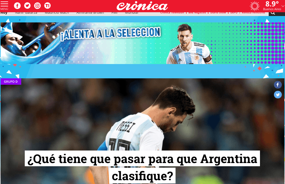 Crónica: El diario más sensacionalista de Argentina resalta las posibilidades albicelestes para clasificar.
