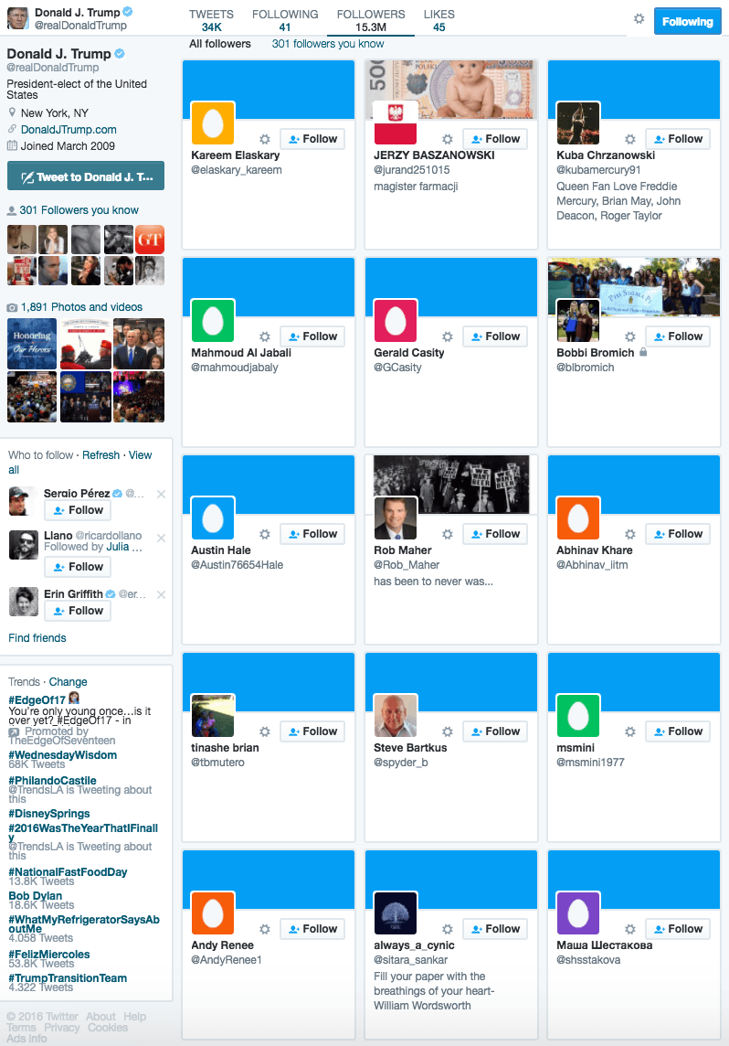 Se ha hablado mucho sobre las cuentas falsas que engordan la lista de seguidores de la cuenta de Twitter de Donald Trump. Sin embargo, un ejercicio simple consiste en
<a href="https://twitter.com/realDonaldTrump/followers">entrar a la pestaña </a>y ver cómo saltan a la vista. Esta instantánea fue captada el 16 de noviembre de 2016.