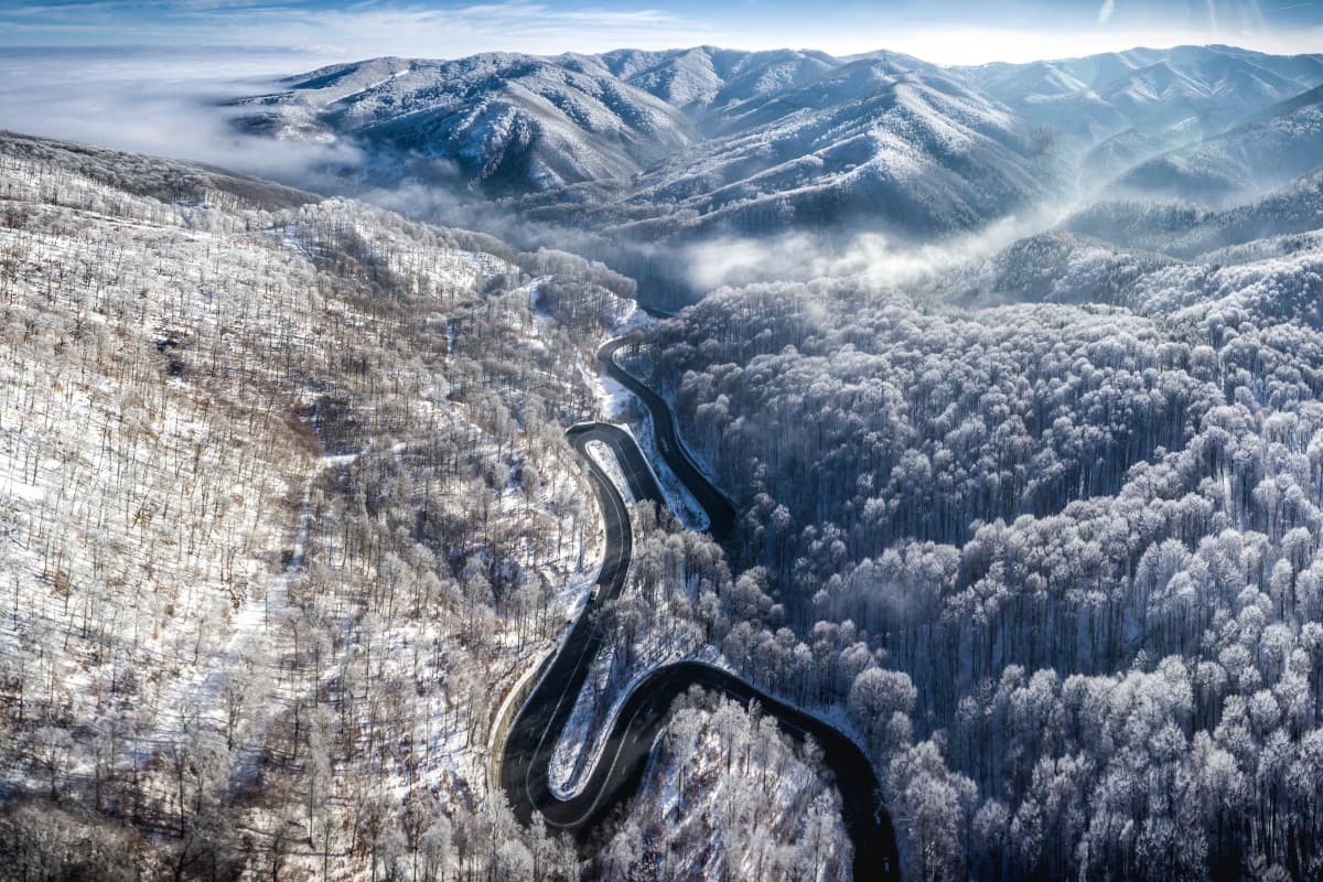 Un camino infinito a Transilvania bajo la nieve, en Rumania. Finalista - categoría Naturaleza.