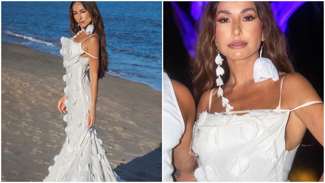 Em Réveillon na praia, Sabrina Sato usou longo vestido que até lembra "espuma" das ondas