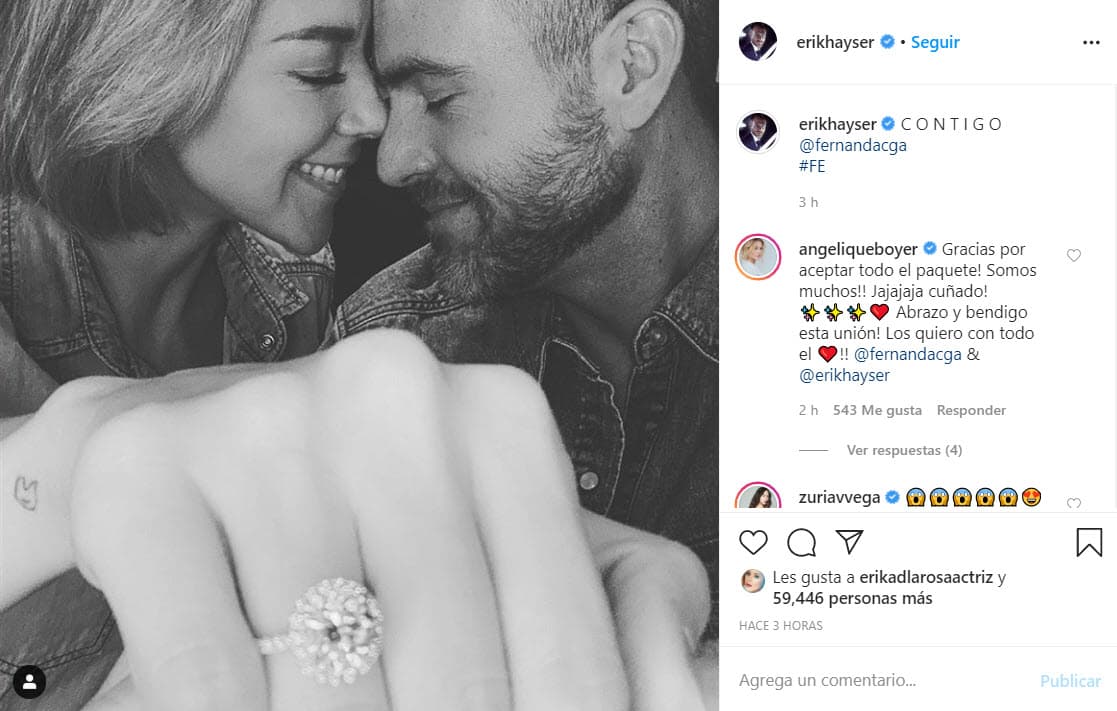 Con una fotografía en blanco y negro, la feliz pareja mostró el anillo. La actriz escribió: “Contigo Erik Hayser. Fe”, y el actor hizo lo mismo en su respectivo perfil: “Contigo Fernanda Castillo. Fe”.
<br>