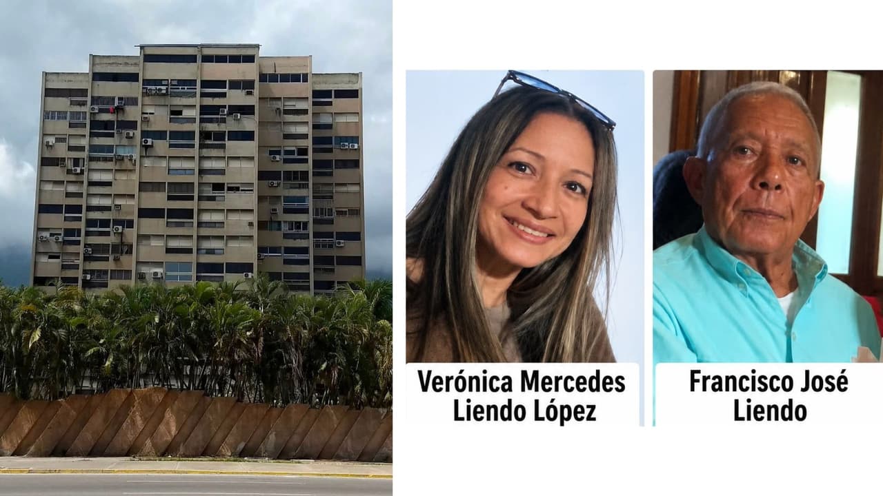 A la izquierda el edificio Tahití, en Caraballeda, La Guaira, en Venezuela, que se derrumbó por completo tras los terremotos del 24 de junio de 2026. A la derecha, Verónica y Francisco Liendo, hermana y papá de José Liendo.