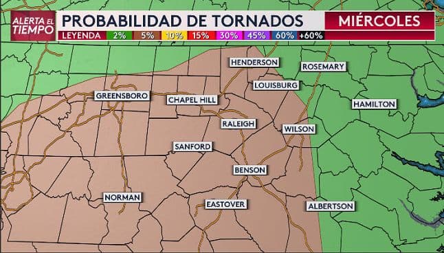 En este momento la probabilidad de tornados es del 5%. ¿Cómo proteger a tu familia en caso de una tormenta, tornado o inundación? 👉
<a href="https://www.univision.com/local/north-carolina-wuvc/como-prepararse-para-las-tormentas-y-el-tiempo-severo-en-carolina-del-norte-fotos" target="_blank">Te explicamos.</a>