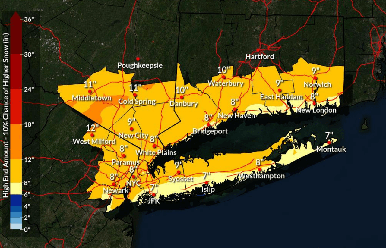 <h3 class="cms-H3-H3">3. ¿Cuánto es lo máximo de nieve que se espera?</h3>
<br>
<br>Este mapa muestra lo máximo de nieve que se podría ver en cada región. El NWS indica que la probabilidad de que esto ocurra es de un 10%.