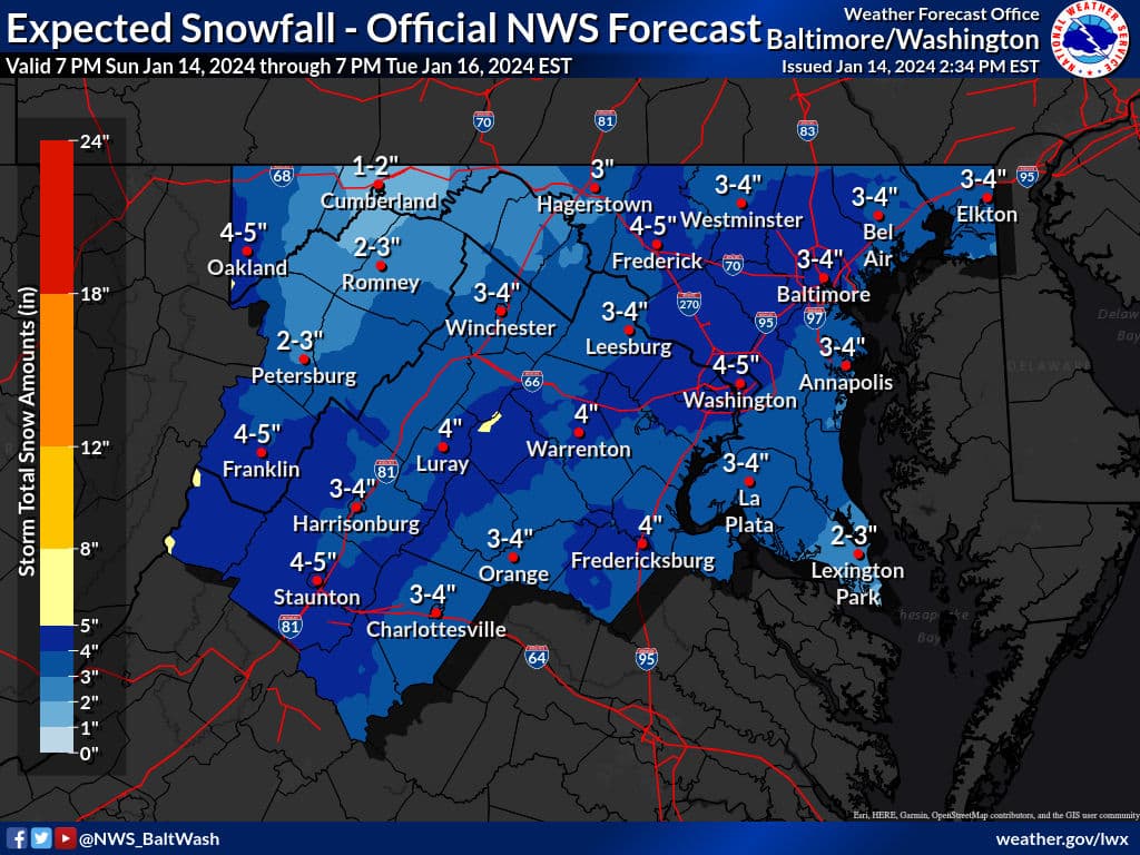 El Servicio Nacional de Meteorología pronostica que entre el lunes 15 de enero y el martes 16 de enero se pudieran dar acumulaciones en la zona metropolitana de entre 3 a 5 pulgadas.