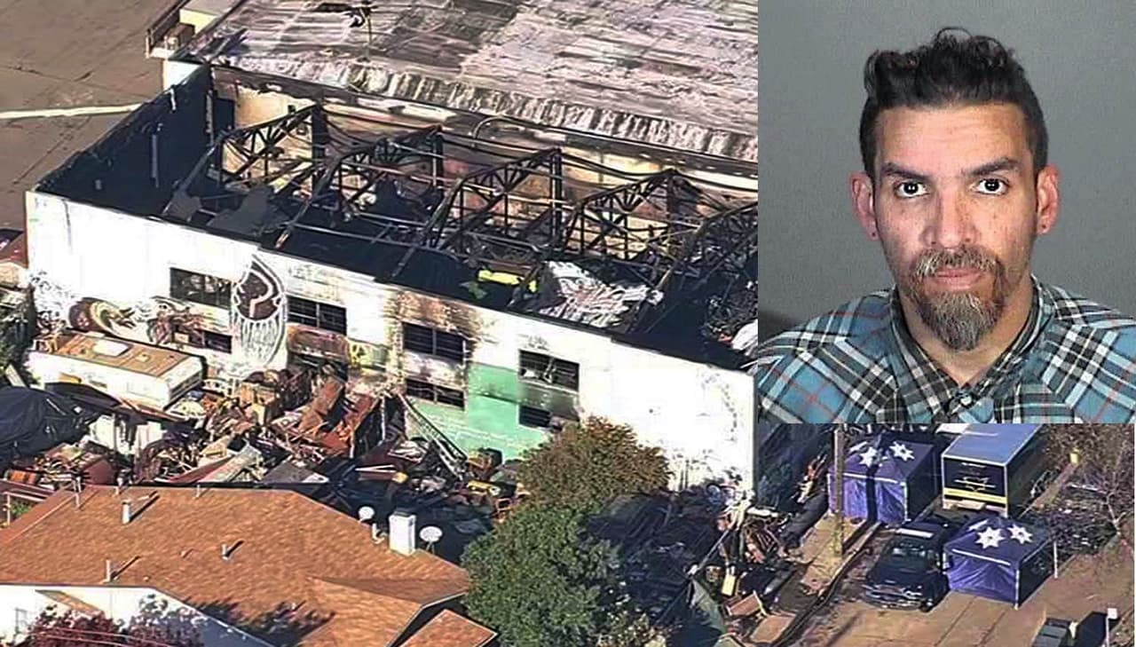 Imagen aérea del almacén en el que murieron más de 30 personas en Oakland. Derick Ion (d).