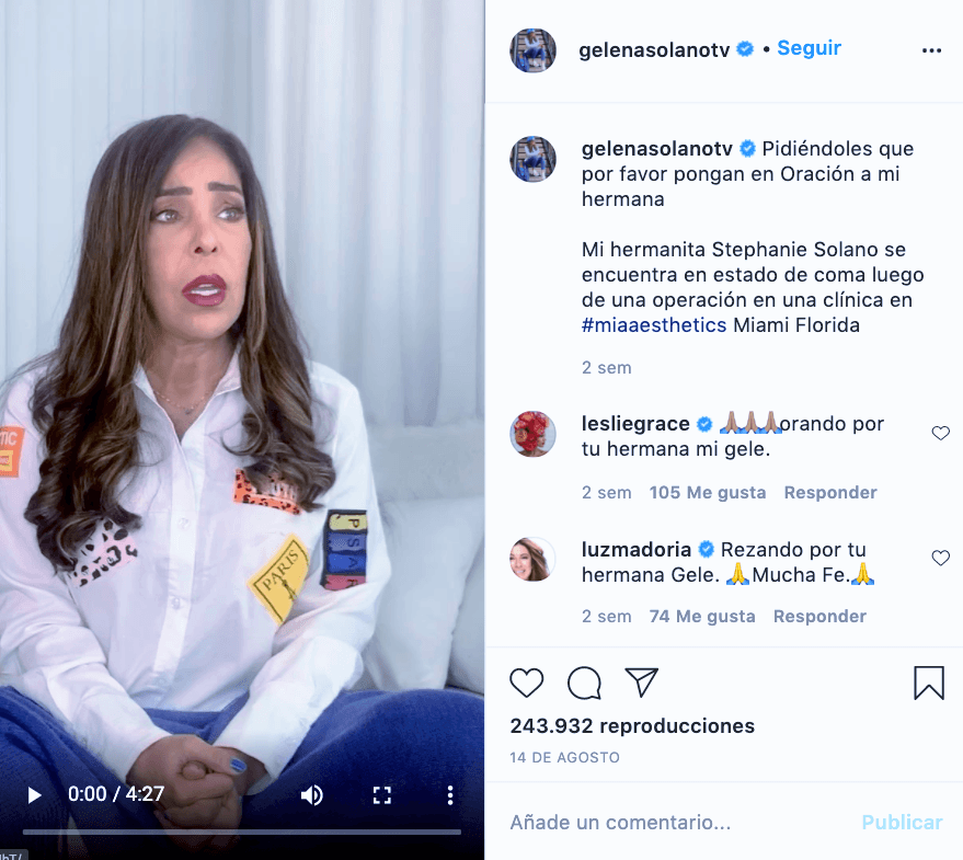 En un primer video explicó que, tras la emergencia médica, los doctores que la operaban tuvieron que llamar al 911 para revivirla. Detalló que su hermana estuvo tres minutos sin oxígeno y que su familia fue advertida de que Stephanie podía quedar como un "vegetal el resto de su vida".