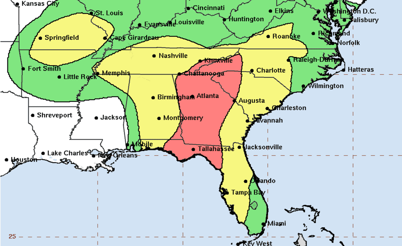 Zonas con mayor potencial de inundación. El color rojo significa que existe un riesgo moderado, de al menos 40% de inundación. El color amarillo indica un riesgo bajo, de al menos 15%.