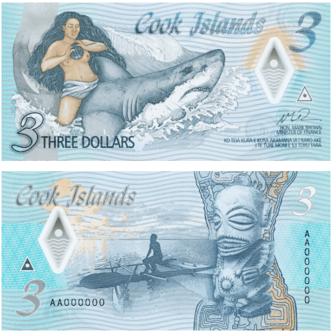 <h3 class="cms-H3-H3">11. Islas Cook (3 dólares)</h3>
<br>
<br>En un verde agua, en la parte delantera se aprecia un texto en inglés,
<b>Ina desnuda con coco cabalgando una ola sobre un tiburón. </b>
<br>
<br>Mientras tanto, en la parte de atrás se aprecia una canoa de pesca pukapuka, diseños nativos, una estatua tallada del dios de T-Rongo.
<br>
