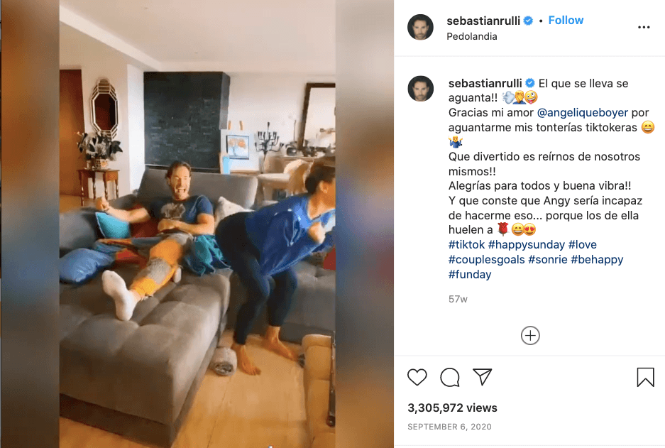 En otra publicación fingieron que se tiraban gases y se ahogaban con ellos. Pero
<a href="https://www.univision.com/famosos/sebastian-rulli-angelique-boyer-beso-ferdinando-valencia-vencer-el-pasado">Sebastián Rulli</a> rápidamente aclaró que Angelique no le haría eso porque “los de ella huelen a rosas”.