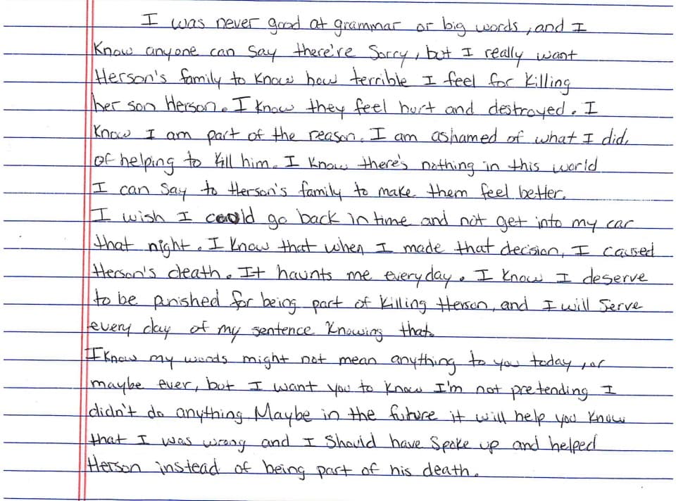 Carta escrita por Erick López Flores, un exjefe de la MS-13.