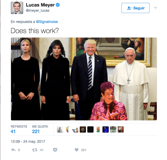 El papa no parecía muy feliz de la visita del presidente Trump e Internet se llenó de memes.
<a href="https://twitter.com/meyer_lucas/status/867457580414775296?ref_src=twsrc%5Etfw&ref_url=https%3A%2F%2Fes.gizmodo.com%2Fajax%2Finset%2Fiframe%3Fid%3Dtwitter-867457580414775296%26autosize%3D1">Enlace</a>.