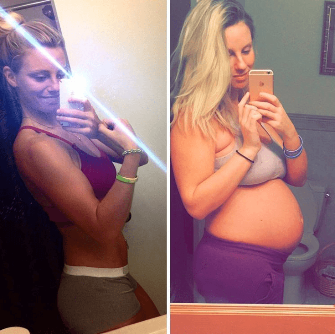 Aquí, se compara cuando no estaba embarazada y, luego, con su barriga de 21 semanas.