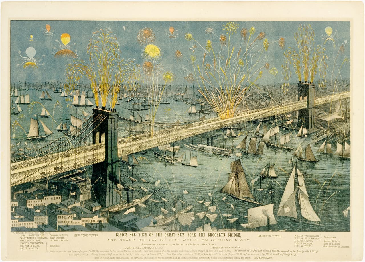 El puente se abrió al público el 24 de mayo de 1883 y primer día lo cruzaron más de 1,800 vehículos y 150,000 personas. La imagen es una ilustración del momento de la inauguración, con fuegos artificiales sobre el puente y el río. Tiene los nombres de los ingenieros y diseñadores principales que trabajaron en la construcción y los detalles técnicos de la impresionante estructura.