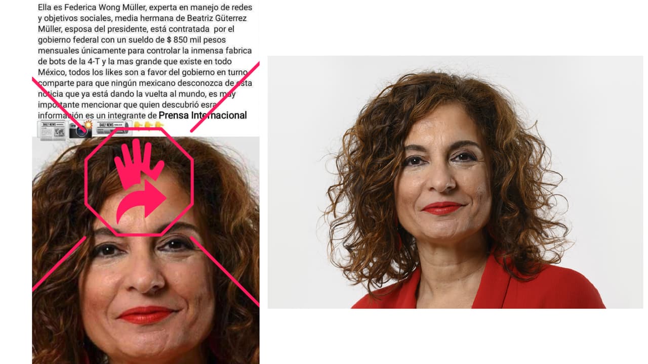 Izquierda, mensaje falso recibido en el WhatsApp de
<b>elDetector</b>. Derecha: imagen de la ministra de Hacienda y Función Pública del Gobierno de España, María Jesús Montero.