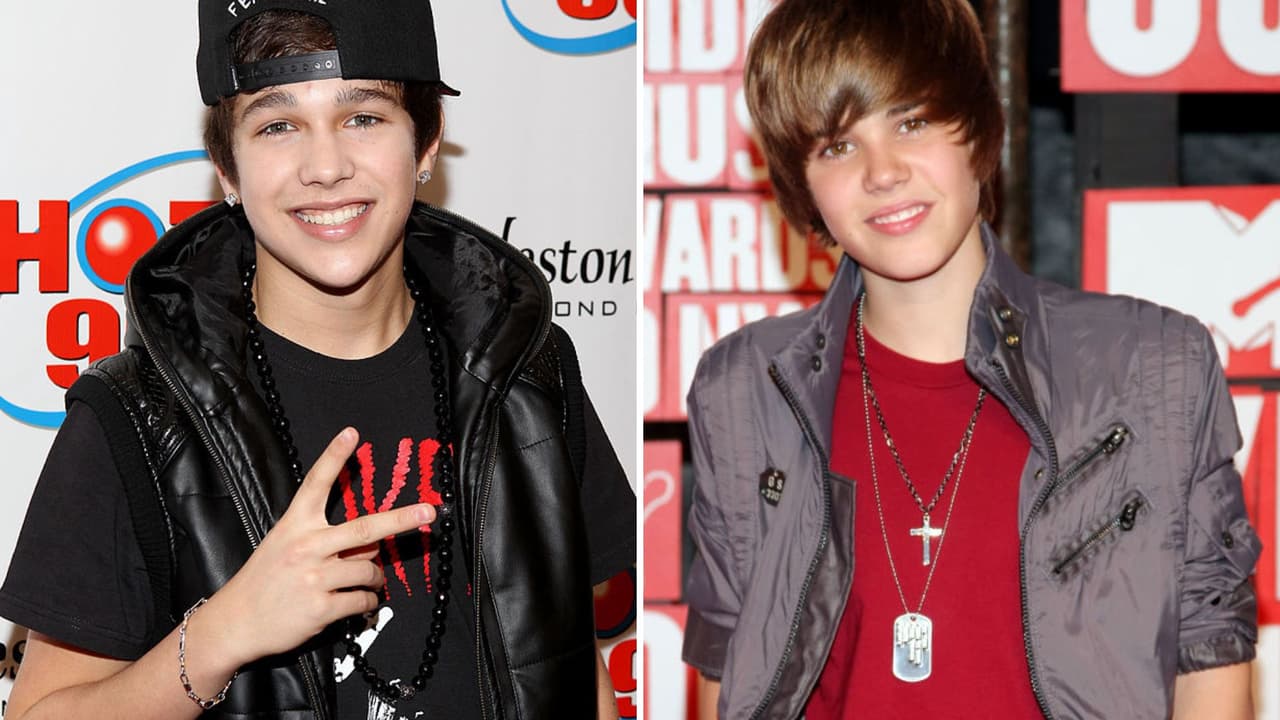 Austin Mahone (izquierda) y Justin Bieber (derecha)