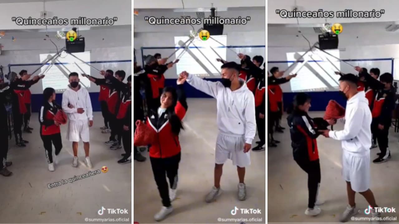 Chica celebra como si fuera una quinceañera en su salón de clases.