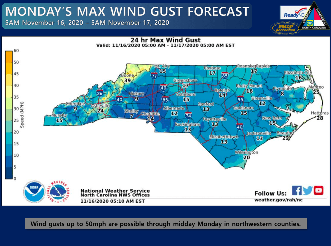 Los vientos podrían llegar a las 50 mph en regiones del noroeste del estado.