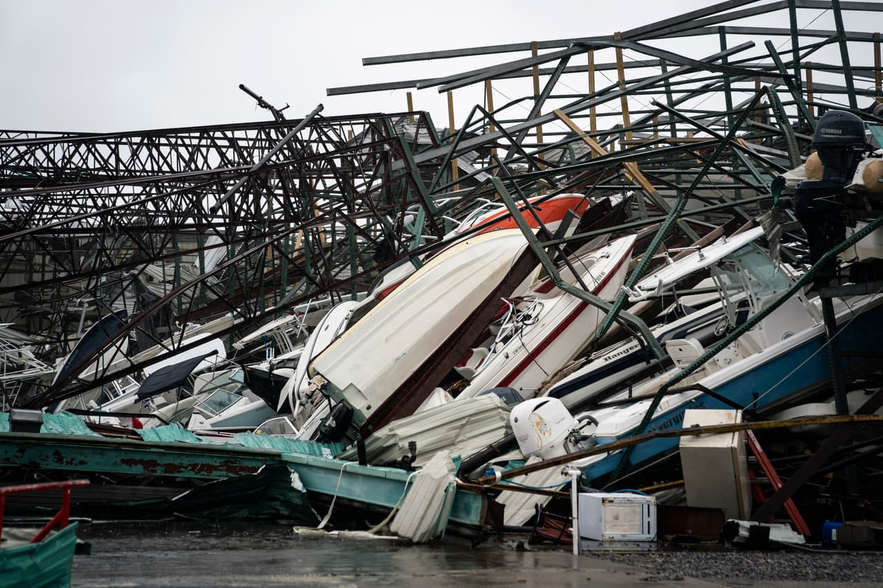 A warehouse of boats is seen damaged at Treasure Island Marina after category 4 Hurricane Michael made land fall along the Florida panhandle, on Wednesday, Oct. 10, 2018 in Panama City Beach, FL. (Photo by)