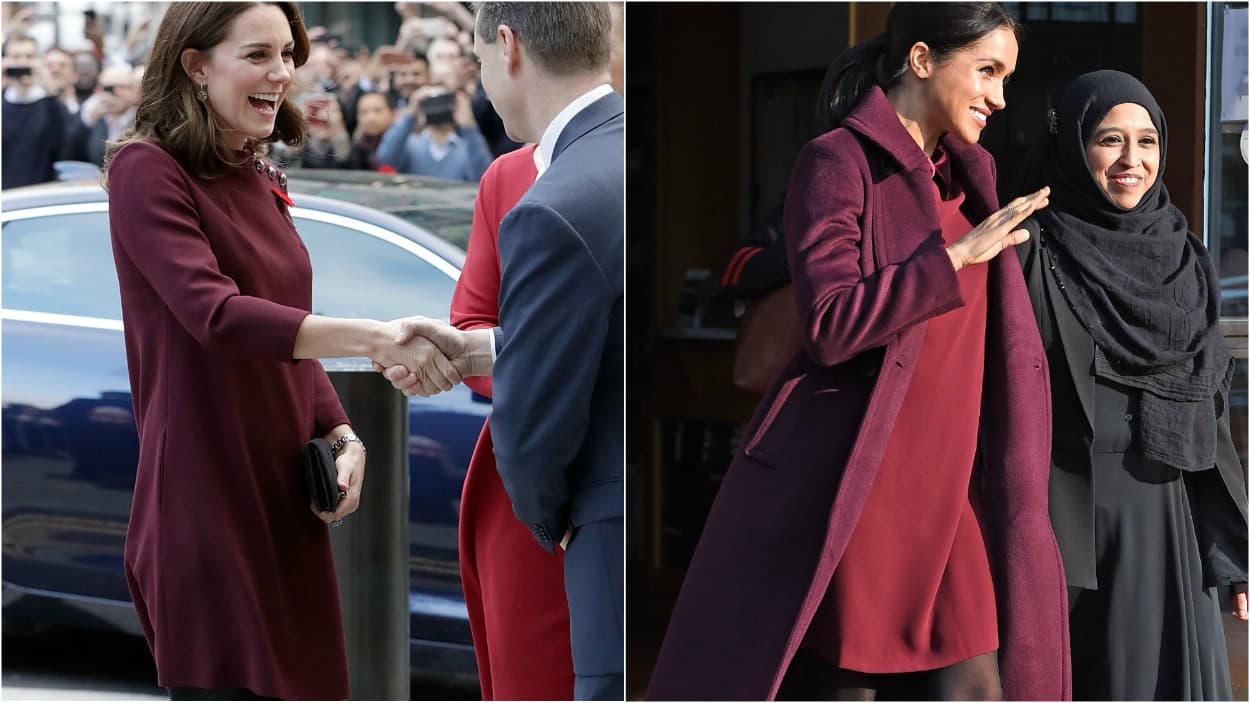 <b>Tono sobre tono: </b>Tanto Kate Middleton como Megan Markle lucieron vestidos color vino de corte recto sobre medias oscuras y botines negros. La elección de Kate fue de Goat para asistir a un foro de líderes escolares en Londres mientras que la duquesa de Sussex llevó un vestido de Club Monaco con abrigo en el mismo tono para un visito de la Hubb Community Kitchen.