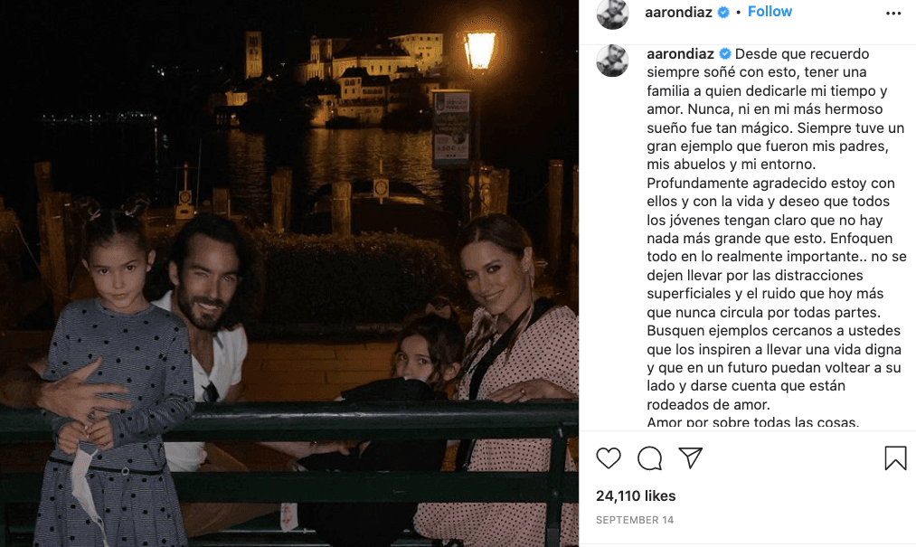 Estas no son las primeras veces que
<a href="https://www.univision.com/famosos/las-hijas-de-aaron-diaz-estan-enormes-pero-el-quiere-seguir-cargandolas-siempre-fotos">el actor muestra a sus hijas</a>. En esta imagen de septiembre de 2021 agradeció a la vida por su familia. “Desde que recuerdo siempre soñé con esto, tener una familia a quien dedicarle mi tiempo y amor. Nunca, ni en mi más hermoso sueño, fue tan mágico”