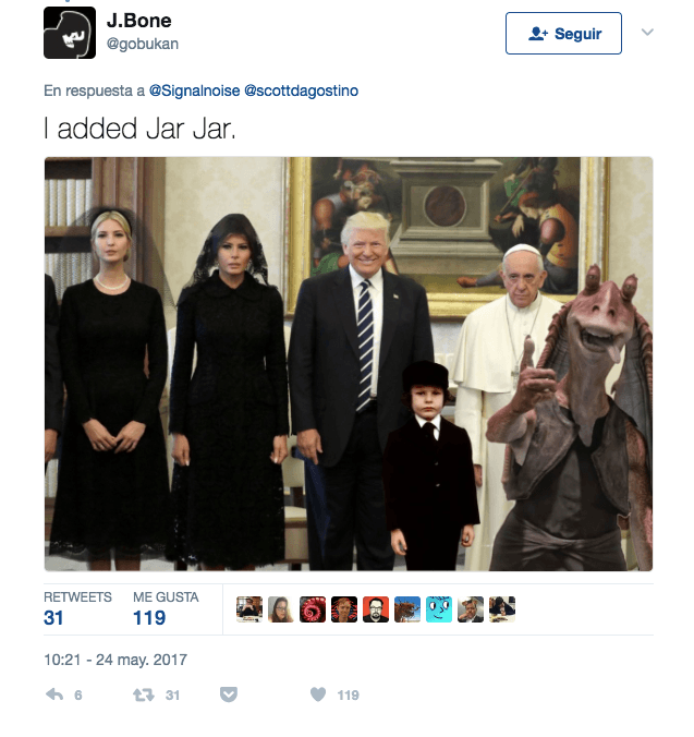 El papa no parecía muy feliz de la visita del presidente Trump e Internet se llenó de memes.
<a href="https://twitter.com/gobukan/status/867430440310853633?ref_src=twsrc%5Etfw&ref_url=https%3A%2F%2Fes.gizmodo.com%2Fajax%2Finset%2Fiframe%3Fid%3Dtwitter-867430440310853633%26autosize%3D1">Enlace</a>.