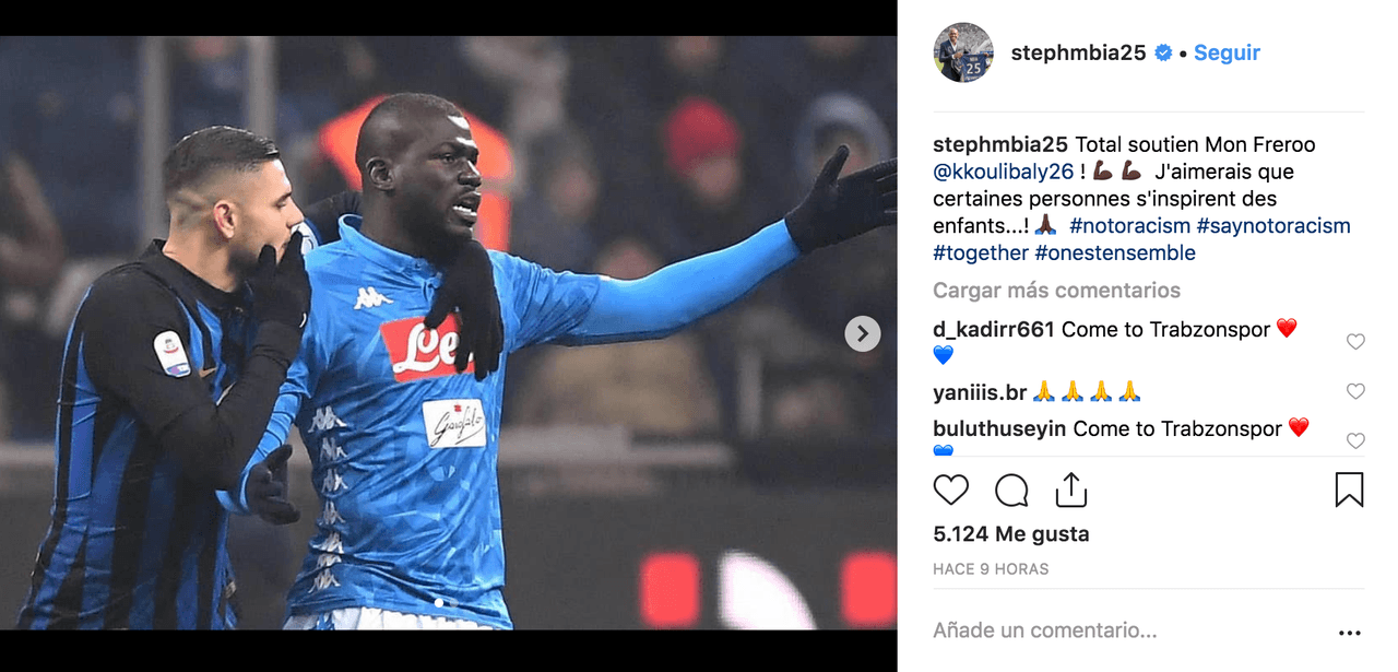 "¡Apoyo total mi amigo Koulibaly! ¡Me gustaría que algunas personas se inspiraran en los niños ...!": Stéphane Mbia.