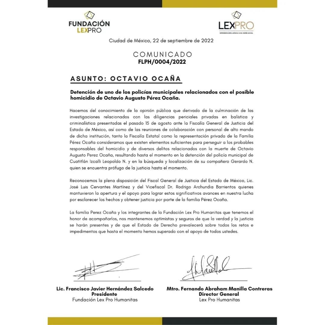 Comunicado de la familia de Octavio Ocaña.