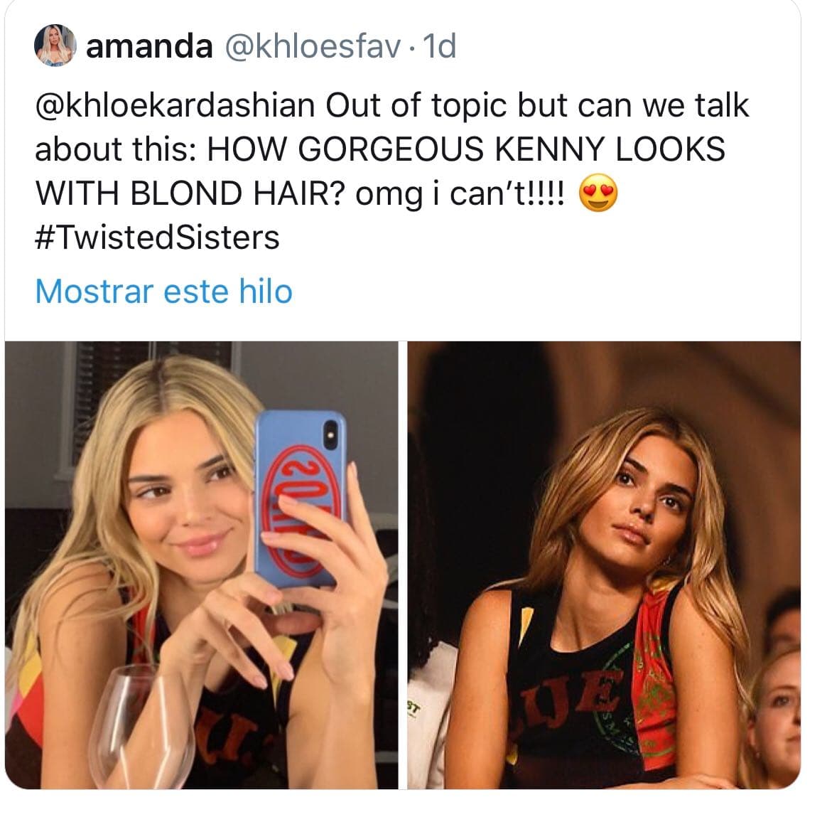 "Fuera de tema, pero ¿podemos hablar de esto: ¿
<b><a href="https://www.univision.com/famosos/estas-son-las-razones-por-las-que-kendall-jenner-no-usa-los-productos-de-belleza-de-su-hermana-kylie-fotos" target="_blank">Cuán magnífica se ve 'Kenny'</a></b> con el cabello rubio? ¡Dios mío, no puedo!", escribió la usuaria 'khloesfav'.
