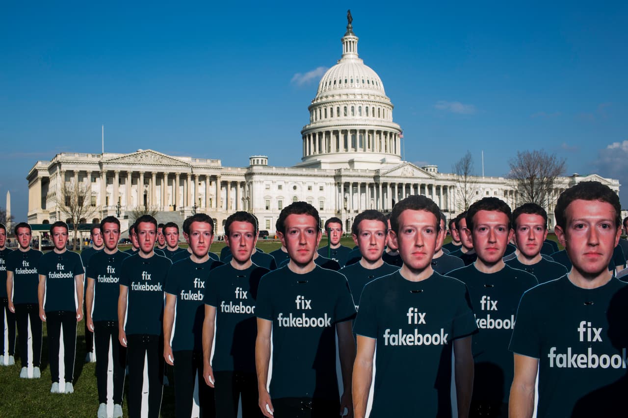 WASHINGTON, DC - APRIL 10: 100 life-sized cutouts of Facebook CEO Mark Zuckerberg sit on the lawn of the U.S. Capitol on April 10, 2018 in Washington, DC. The advocacy group Avaaz placed the cutouts on the lawn to bring attention to the alleged hundreds of millions of fake accounts still spreading disinformation on Facebook ahead of Zuckerberg's hearing before the Senate Commerce, Science, and Transportation and Senate Judiciary Comittees. (Photo by Zach Gibson/Getty Images)