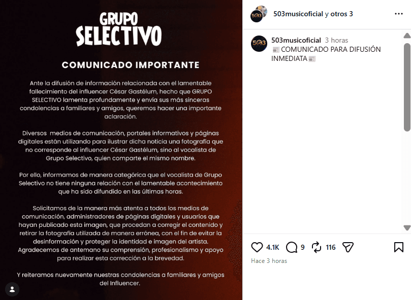 Grupo Selectivo hizo una aclaración tras asesinato del 'influencer' César Gastélum.
