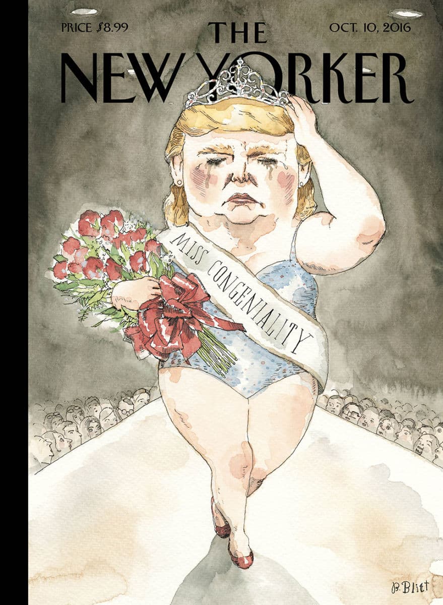 <b>10 DE OCTUBRE DE 2017.</b>
<b><i><a href="http://www.newyorker.com/culture/culture-desk/cover-story-2016-10-10" target="_blank">"Miss Congeniality"</a></i></b> (Traducido como 'Miss Simpatía'). Cuando Hillary Clinton en un debate con Trump sacó a relucir
<b><a href="http://www.univision.com/estilo-de-vida/trending/el-peso-de-alicia-machado-se-cuela-en-el-debate-presidencial" target="_blank">el trato despectivo que le dio a la ex Miss Universo venezolana Alicia Machado cuando él gerenciaba el concurso </a></b>llamándola "Miss Piggy" por haber subido de peso, esta fue la portada de Barry Blitt. Viendo el debate,
<b><a href="http://www.newyorker.com/culture/culture-desk/cover-story-2016-10-10" target="_blank">el artista dijo</a></b>: "De todas las creencias peligrosas de Trump su misoginia 'podría ser su talón de Aquiles'".