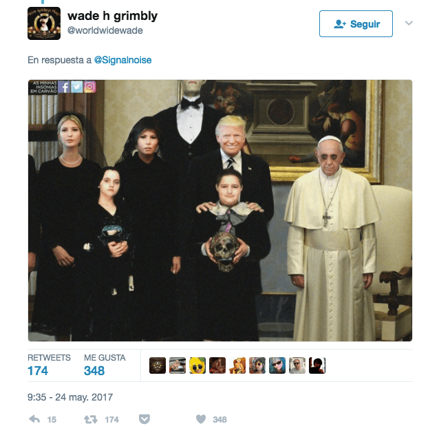 El papa no parecía muy feliz de la visita del presidente Trump e Internet se llenó de memes.
<a href="https://twitter.com/worldwidewade/status/867418856930889728?ref_src=twsrc%5Etfw&ref_url=https%3A%2F%2Fes.gizmodo.com%2Fajax%2Finset%2Fiframe%3Fid%3Dtwitter-867418856930889728%26autosize%3D1">Enlace</a>.