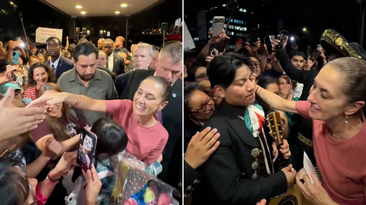 Claudia Sheinbaum, presidenta de México, es recibida con mariachis a su llega a Nueva York