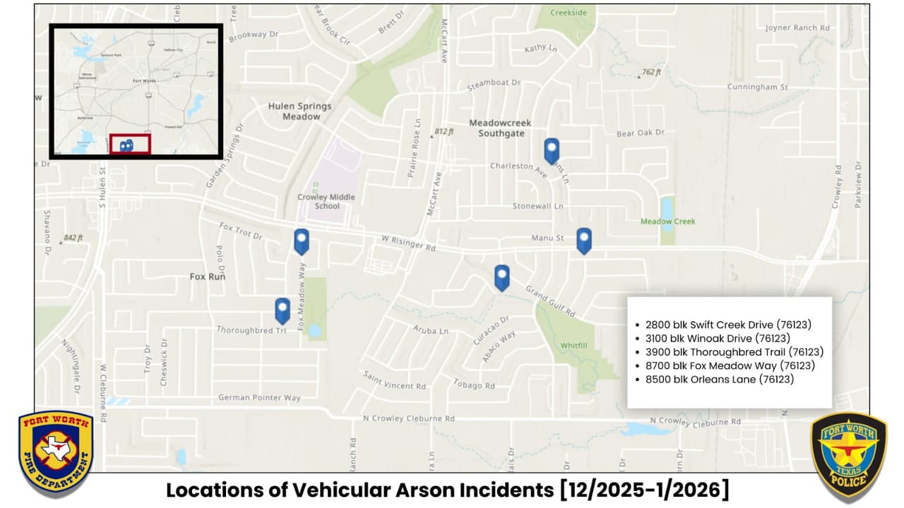 En este mapa se muestran las ubicaciones de los incendios de autos en Fort Worth.