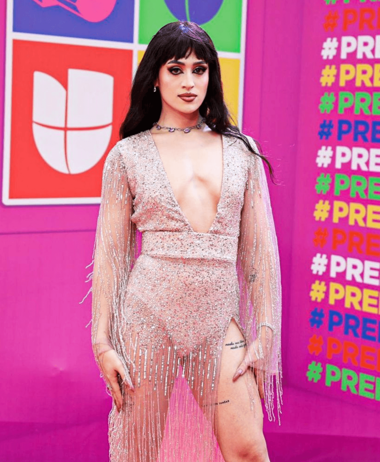 <h3 class="cms-H3-H3">Villano Antillano </h3>
<br>
<br>
<br>La rapera puertorriqueña llevó el glamour a la Red Carpet.
<a href="https://www.univision.com/musica/bizarrap-y-villano-antillano-en-una-colaboracion-musical" target="_blank">Villano Antillano</a> se robó las miradas de todos con un elegante enterizo de color rosado con brillo y flecos. La cantante se dejó ver empoderada y orgullosa de su cuerpo.