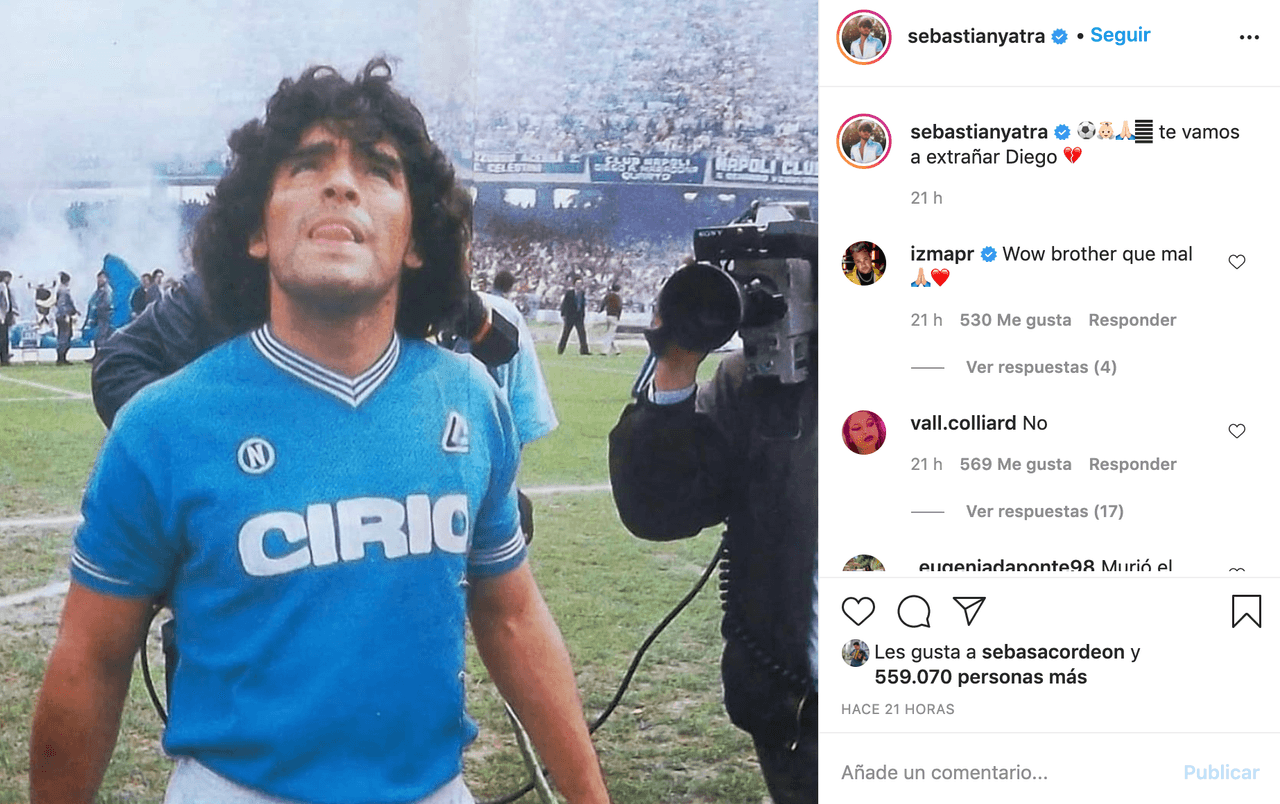 Sebastián Yatra también quedó conmovido y escribió, “te vamos a extrañar Diego”.