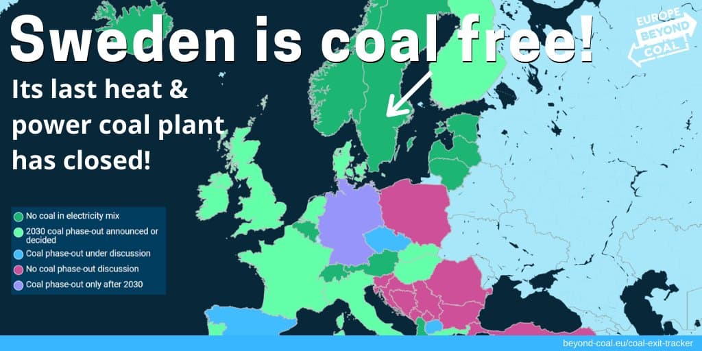 En abril, Suecia se convirtió en el tercer país europeo, después de Bélgica y Austria, en dejar de quemar carbón para obtener energía. Se espera que para el 2025 siete países más, miembros de la Unión Europea, se unan con energías limpias.