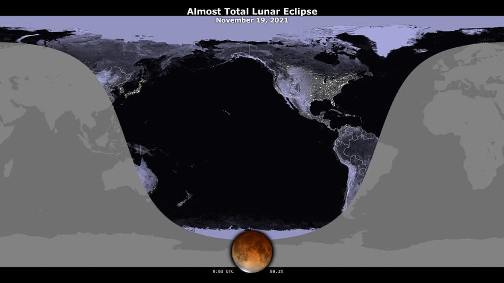De acuerdo con la
<a href="https://moon.nasa.gov/news/168/an-almost-total-lunar-eclipse" target="_blank">NASA</a>, "la mejor visualización será justo alrededor del pico del eclipse, el 19 de noviembre a las 9:03 UTC / 4:03 AM EST / 1:03 AM PST. Esta parte del eclipse es visible en toda América del Norte, así como en gran parte de América del Sur, Polinesia, el este de Australia y el noreste de Asia".