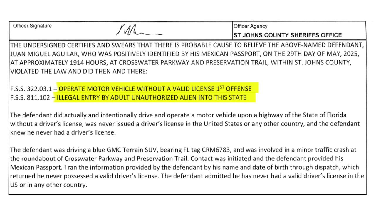 Captura de pantalla del registro de la detención de Juan Aguilar, en inglés, en el que se enumeran los cargos en su contra: manejar sin licencia por una autopista de Florida y ser considerado como "extranjero no autorizado en el estado".