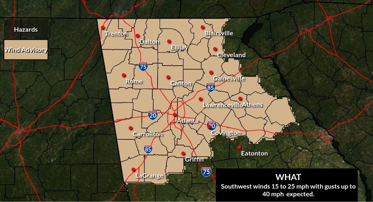 Emiten un aviso de viento para el norte y centro de Georgia