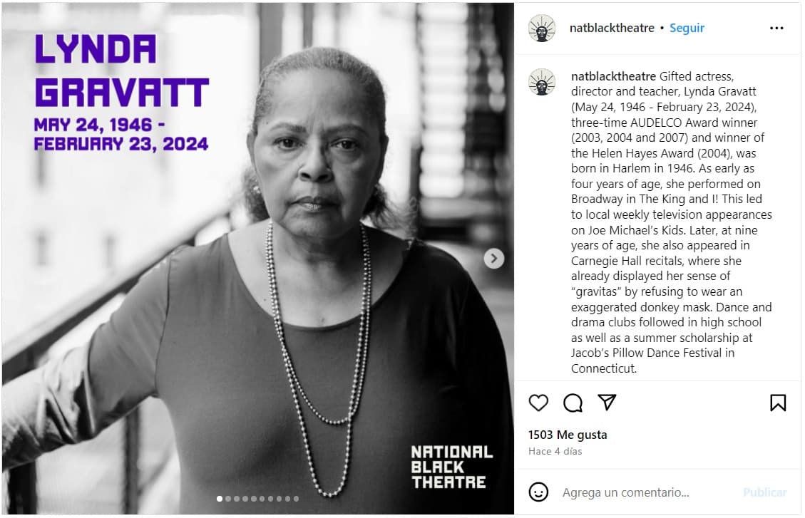 National Black Theatre difundió la noticia de la muerte de Lynda Gravátt.